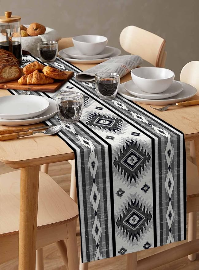 Aztec Southwest Cotton Linen Table Runner for Dining Kitchen, Wedding Outdoor Party Tablerunners Decoration, Boho Ethnic Tribes Vintage Grey Dresser Scarf Coffee Tablecloth Runners 13x36 Inches