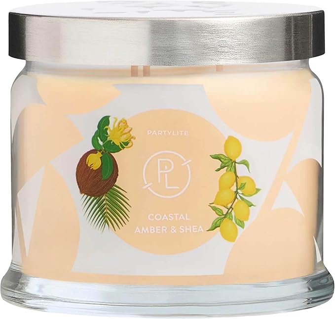 PartyLite Coastal Amber & Shea Scented, Notes of Ylang Flower, Citron, Sweet Coconut & Amber Creme, 13.2oz 3-Wick Jar Candle, 45 Hour Burn Time, Luxurious Fragrance, Ideal for Gifting
