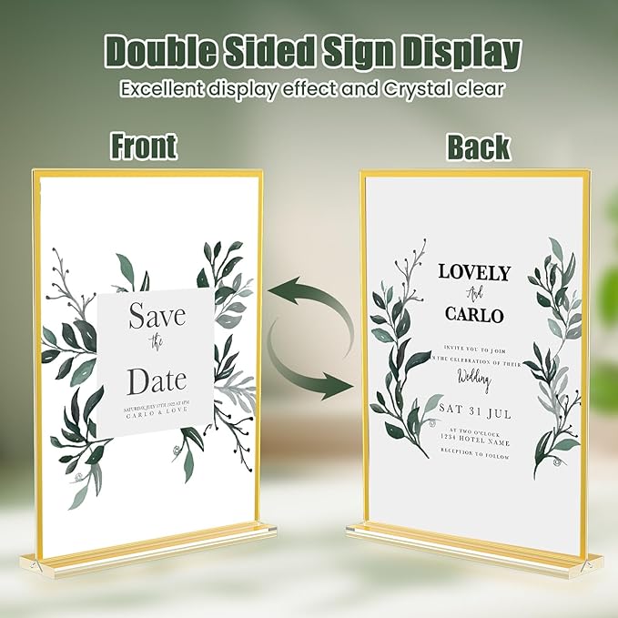 Acrylic Sign Holder 8.5 x 11,9 Pack Clear Sign Holder Double Sided Gold Table Menu Vertical Desktop Display Stand Paper Flyer Holder Tabletop Sign Holder Suitable for Restaurants, Office, Store,Hotels