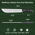 NedFoss 16" Survival Machete with Sheath, D2 Steel 0.22" Thick Full Tang Blade Machete Knife with Flat Grinding, Machete for Cutting Trees, for Yard Work, Clearing Brush with TPE Handle