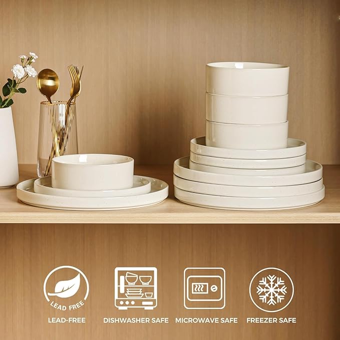 GBHOME Dinnerware Set for 6, 18 Piece Speckled Plates and Bowls Set with Glazed Bottom, Chip & Scratch Resistant Stoneware Plates Sets, Dishwasher & Microwave Safe Dishes, Light Beige