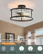 Black Flush Mount Ceiling Light, 2- Light Caged Crystal Chandelier, Small Drum Hallway Light fixtures Ceiling Mount (14 INCH Black)