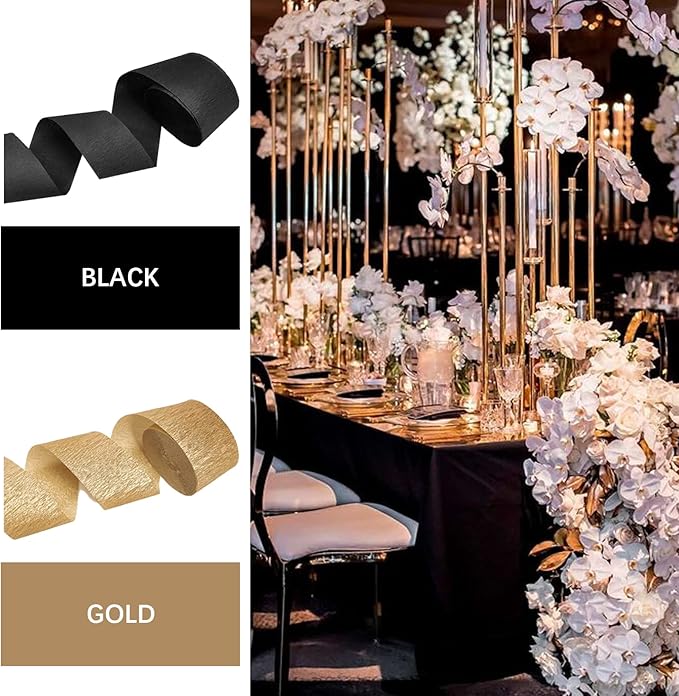 PartyWoo Crepe Paper Streamers 4 Rolls 328ft, Pack of Black and Gold Crepe Paper for Party, Wedding, Birthday, New Year's Eve Decorations (1.8 Inch x 82 Ft/Roll)