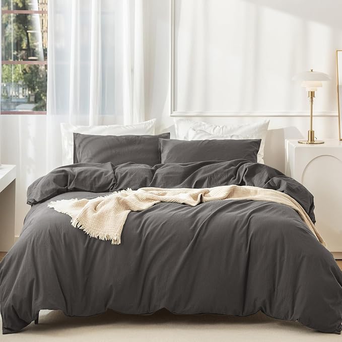 JIYUAN 100% Washed Cotton Duvet Cover Set 3 Pieces Queen, 1 Duvet Cover 90x90 Inches(Comforter Not Included) and 2 Pillowcases,Linen Feel Bedding Set Comfy and Breathable,Solid Dark Grey