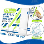 Aheroi Acrylic Sign Holder 8.5 x 11, 30Pcs Plastic Sign Holder 8.5 x 11 Standing, Clear Paper Holders Acrylic Paper Document Holders, Plastic Stands Flyer Display,Office School Table Supplies