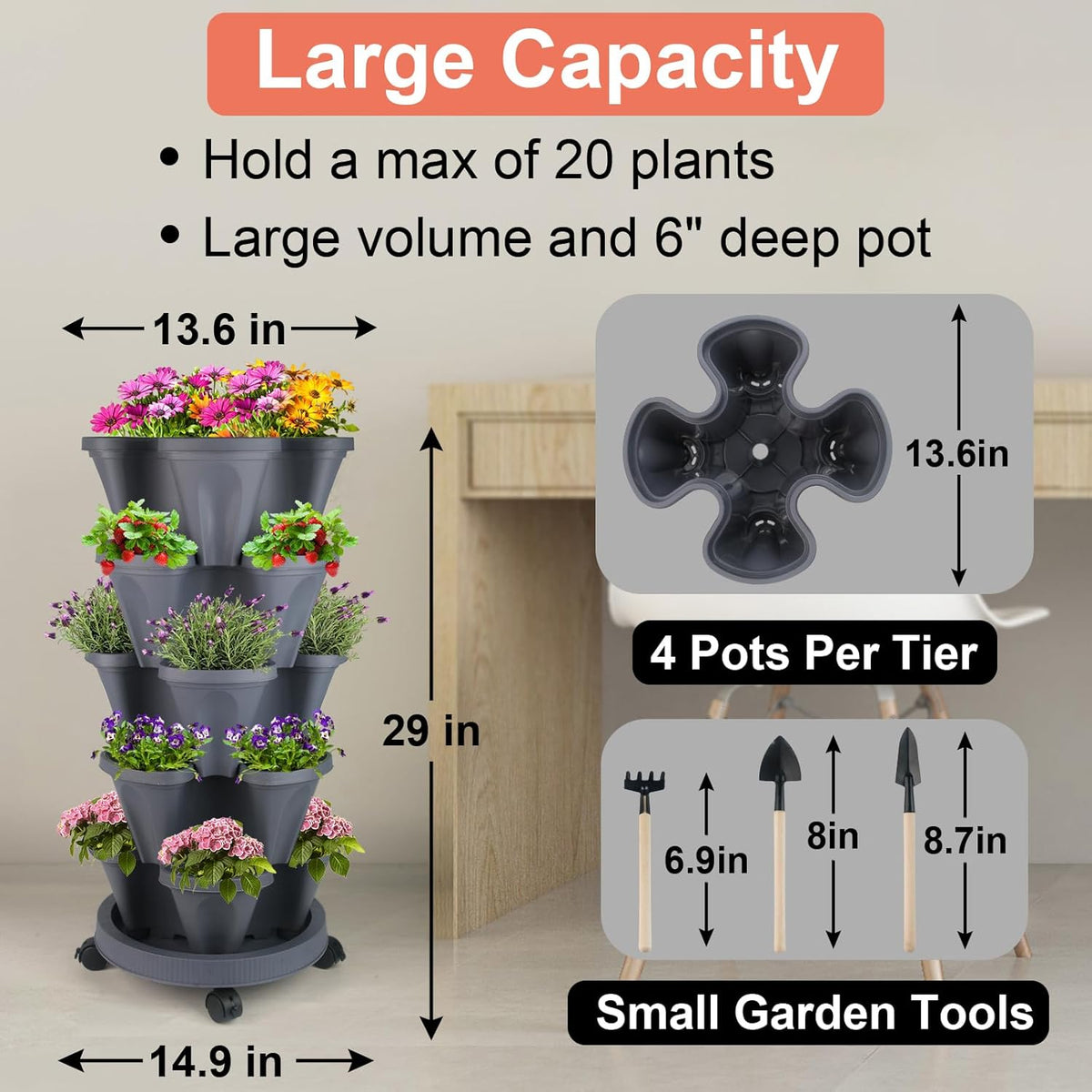 Vertical Planter 5 Tier Stackable Planters Garden Planters Strawberry Herb Flower and Vegetable Planter Indoor Outdoor Gardening Pots with Removable Wheels and Tools