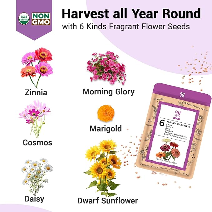 Flower Seed Pods for All Hydroponics Growing System, 8 Pods with 600+ Seeds of Marigold, Zinnia, Cosmos, Dwarf Sunflower, Morning Glory and Daisy