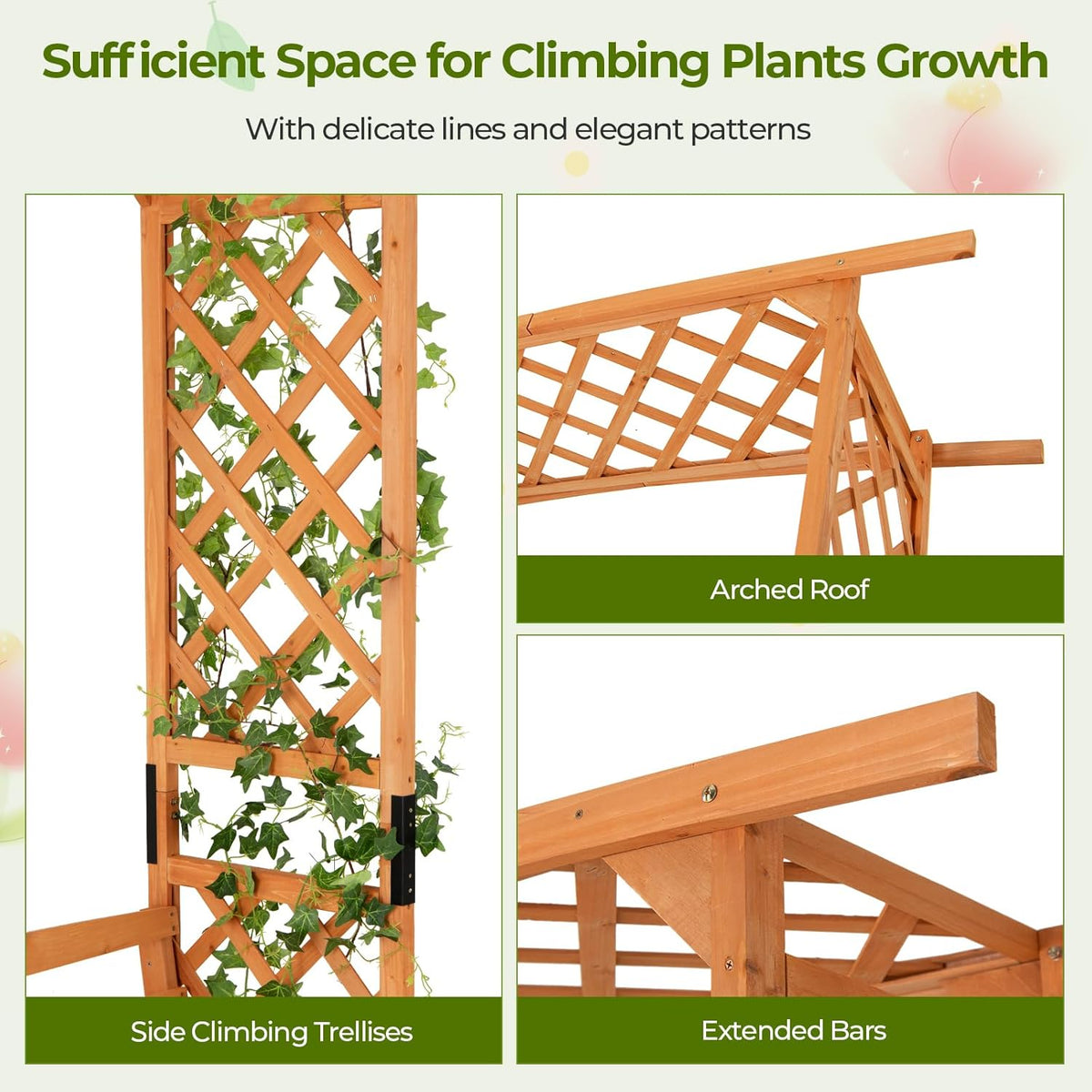Giantex Garden Arch Trellis with Bench - 63''W x 79''H Wooden Arbor with 2-Person Outdoor Bench, Garden Arbors Archway Pergola for Climbing Plants Rose Wedding Backyard Party Lawn Decor