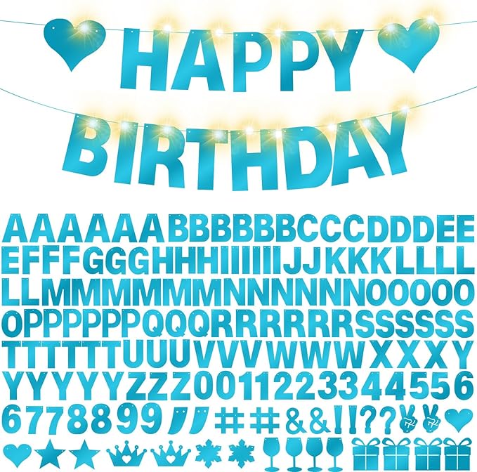 175Pcs DIY Glitter Customizable Banner Kit Happy Birthday Custom Letters Banner Happy New Year Personalized Banners Decor Christmas Baby Shower Birthday Party Decoration Supplies(Shiny Light Blue)
