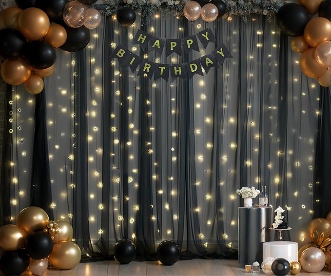 20ft x 10ft Black Tulle Photo Backdrop Curtain with Lights String for Parties Sheer Black Curtain Backdrop for Birthday Party Baby Shower Wedding Photo Booth Photography Background Decorations
