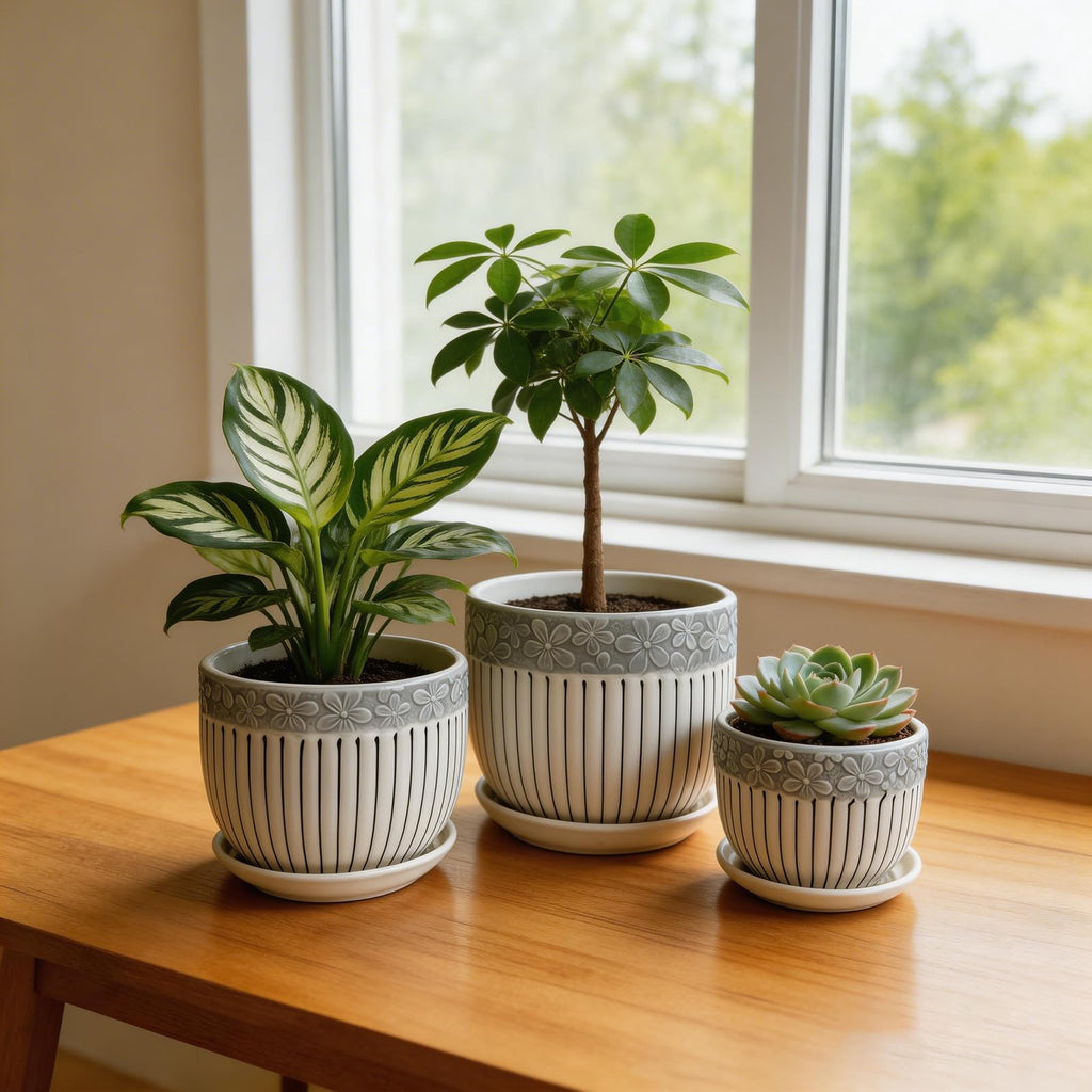 FOLKLORE13 Vintage Flower Pots for Indoor Plant, Round Ceramic Plant Pots with Drainage Holes and Saucers, 6.7/5.2/3.9 Inches Retro Flower Planters Set of 3
