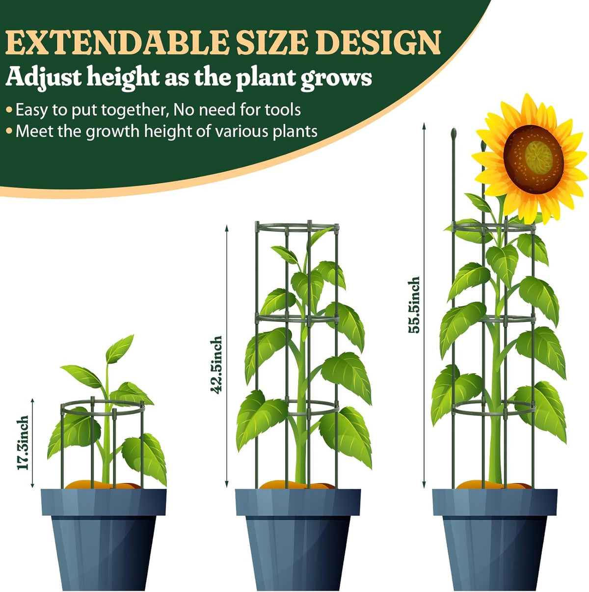 Round Heavy Duty Tomato Cage - 55 Inch Steel Core Plastic Coated Garden Trellis, 4-Post Rustproof Plant Support for Tomato/Cucumber/Beans, No Tools Snap Assembly, Spare Parts Available