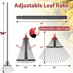 76 Inch Rake for Leaves, Adjustable 18 Metal Tines with Expandable Head Garden Rakes for Lawns Heavy Duty Metal Rake for Leaves Yard Gardening Grass Outdoor Debris