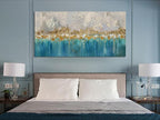 Arjun Teal Gold Abstract Wall Art Blue Turquoise Hand Painted Textured Painting Canvas Modern Grey Artwork Wooden Framed Large Size for Living Room Bedroom Bathroom Home Office Wall Decor, 48"x24"