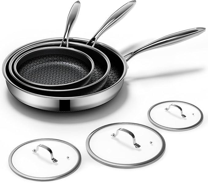 Non Stick Frying Pans Set with 3 Lid, Hybrid Pans Set Nonstick (8+10+12inch),Pan for cooking, nonStick Cookware, Dishwasher and Oven-Safe Cookware Sets, Stainless Steel Skillets