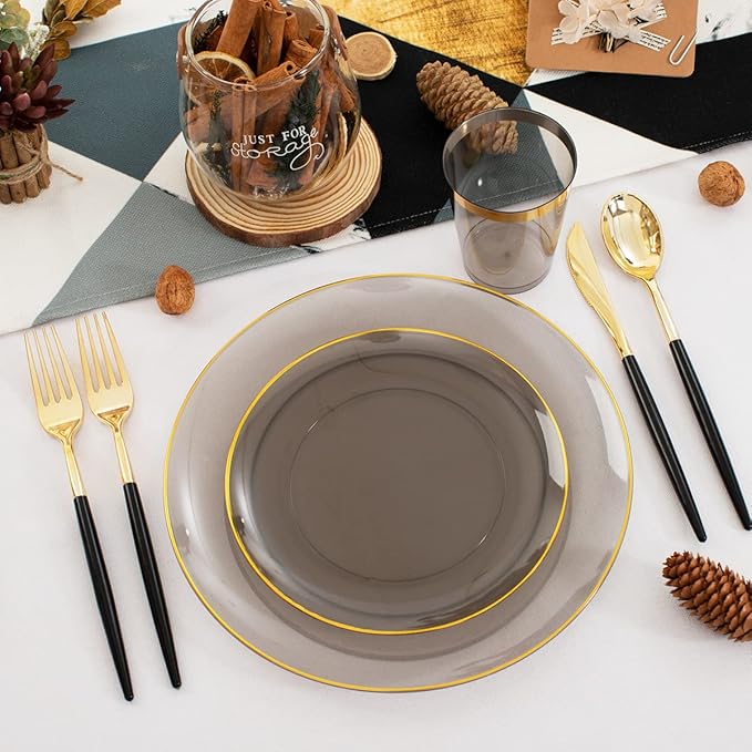 Supernal 180pcs Black Plastic Dinnerware Set Include Gold and Black Plates,Clear Disposable Plates,Gold Plastic Silverware，Clear Cups Suit for Party, Birthday