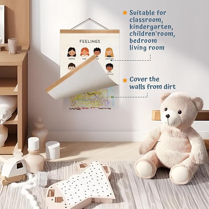 Feelings Chart & Emotional Learning Poster, Hanging Linen Canvas Wall Art with Solid Wood Frame, Montessori Social Skills Poster for Kids, Home & Classroom Decor – 2Piece Set 12x16 Inches (Feelings)