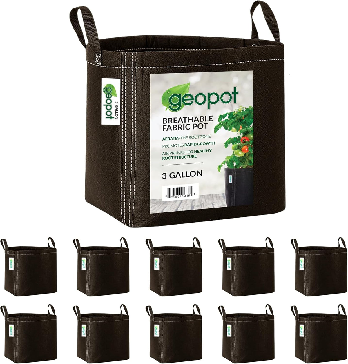 GeoPot 3 Gallon Fabric Grow Bags with Handles for Vegetables, Houseplants, Herbs & Flowers | 10-Pack | Fabric Pots for Outdoors and Indoors, Aerated Fabric Grow Bags
