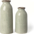 VICTOR & TERESA Green Ceramic Vases Home Decor, Farmhouse Vase for Flowers, Flower Vase Set of 2, Rustic Decorative Vases for Pampas Grass, Table, Living Room, Shelf, Centerpieces, 8 inch