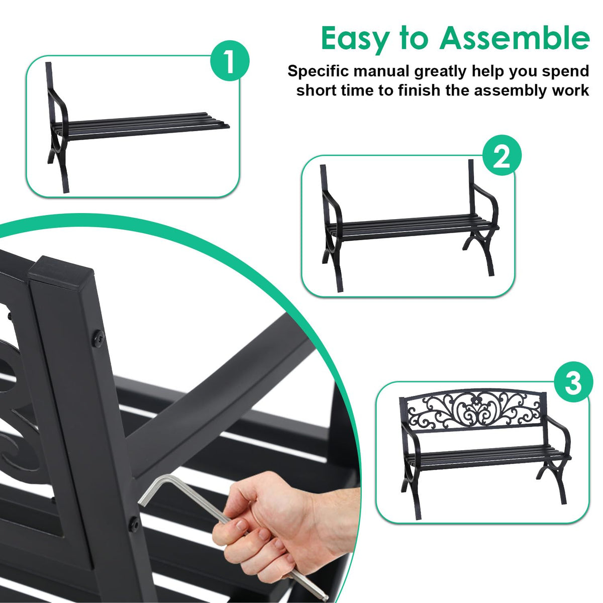 FDW | 50" Outdoor Garden Bench | Black | 485lbs Load Capacity