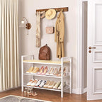 Shoe Rack for Front Door Entrance, 3 Tier Shoe Rack for Entryway, Shoe Shelf for Closet, Metal Shoe Racks Organizer with Sturdy Wooden Top & Steel Frame,(White+Beige)