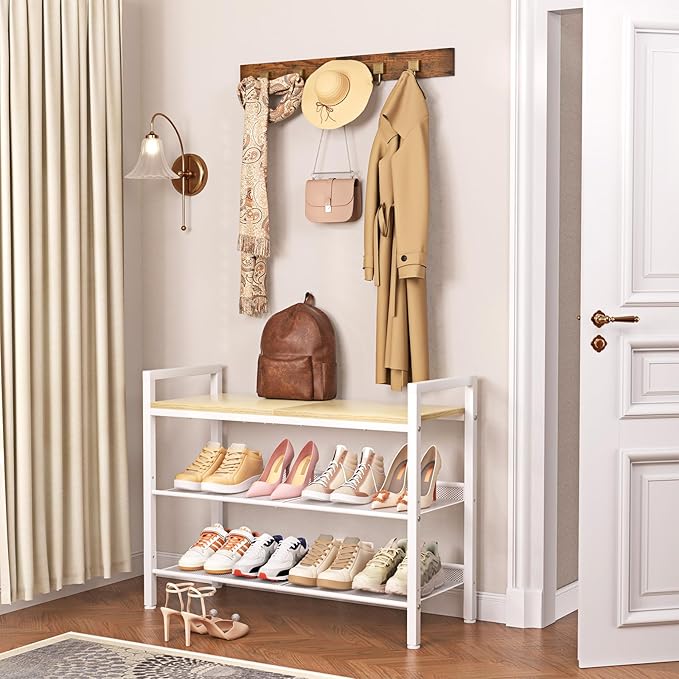 Shoe Rack for Front Door Entrance, 3 Tier Shoe Rack for Entryway, Shoe Shelf for Closet, Metal Shoe Racks Organizer with Sturdy Wooden Top & Steel Frame,(White+Beige)