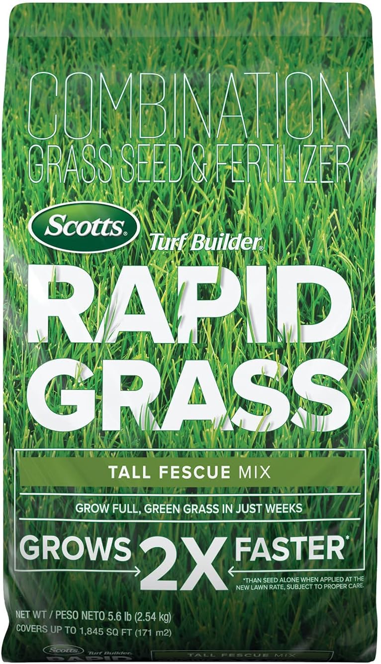 Scotts Turf Builder Rapid Grass Tall Fescue Mix, Combination Grass Seed and Fertilizer, Grows Green Grass in Just Weeks, 5.6 lbs.