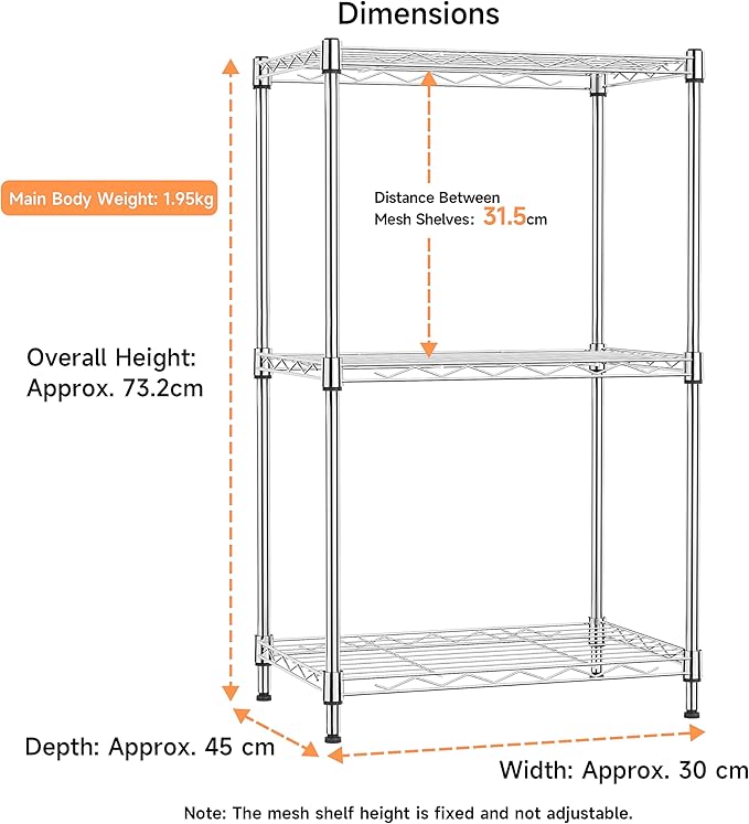 IZEUK 3 Tier Metal Wire Shelving Rack Storage Shelves for Kitchen, Bedroom, Living Room or Laundry Room, Chrome, 17.7" W x 11.8" D x 28.8" H