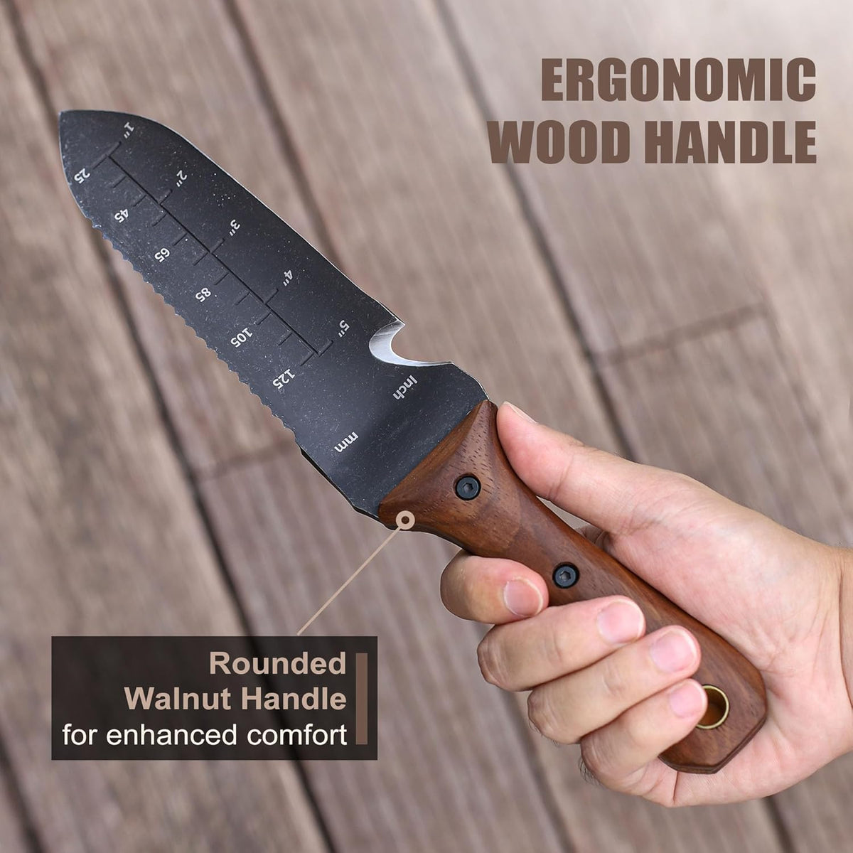 TOPLINE Hori Hori Garden Knife with Oxford Sheath, 7" Stainless Steel Blade with Cutting Edge, Full Tang Walnut Handle with Hanging Hole, Multifunctional Garden Tools for Weeding, Planting, Cutting