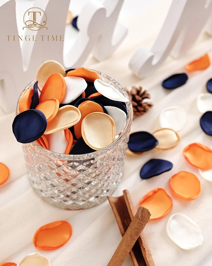 TINGE TIME 400pcs Silk Flower Petals for Wedding, Rose Petals for Decoration, Fake Flower Petals for Bridal Showers, Flower Girl Petals for Anniversaries and Parties (Burnt Orange & Navy Blue)