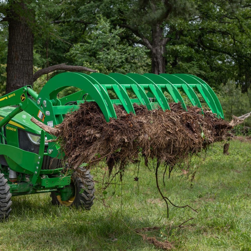 Titan Attachments 72" HD Root Grapple Rake Attachment, Fits John Deere Hook & Pin Tractors, Twin 3,000 PSI Cylinders, Clears Rocks, Logs, Brush, & Debris, Tractor Accessories & Attachments