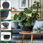 8/10/12 Inch Pots for Indoor Plants, Large Self Watering Planters with Drainage and Saucers, Plastic Outdoor Flower Pot, Set of 3, Grey