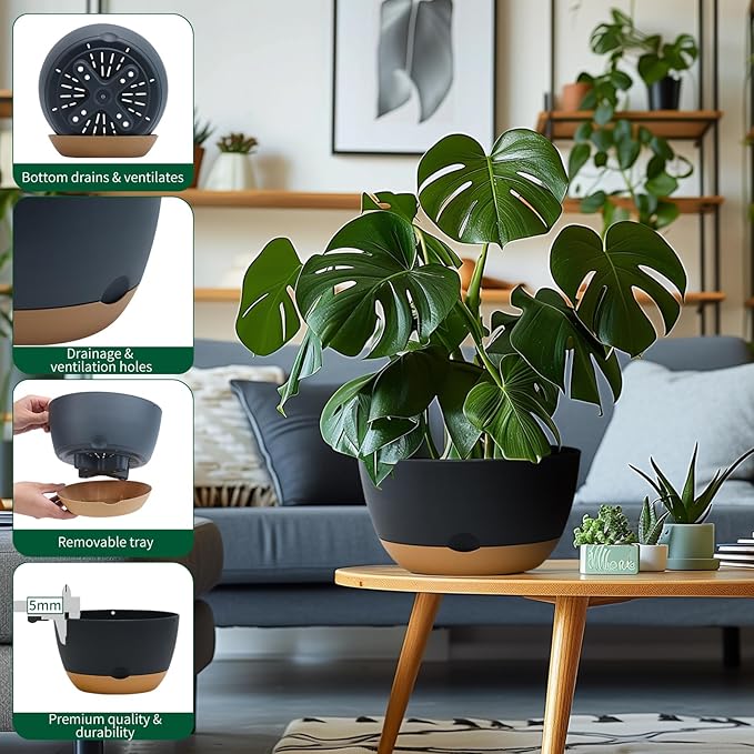 8/10/12 Inch Pots for Indoor Plants, Large Self Watering Planters with Drainage and Saucers, Plastic Outdoor Flower Pot, Set of 3, Grey