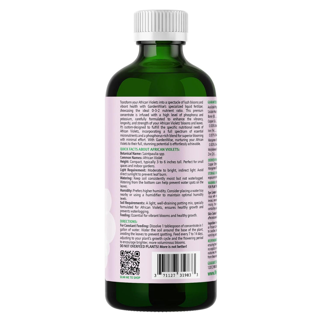 0-3-2 African Violet Fertilizer for Indoor Plants: Concentrated Plant Food – Plant Fertilizer, Bloom Booster for All Violets, Indoor Flowering Plants, Vigorous Growth and Blooming (16 OZ)