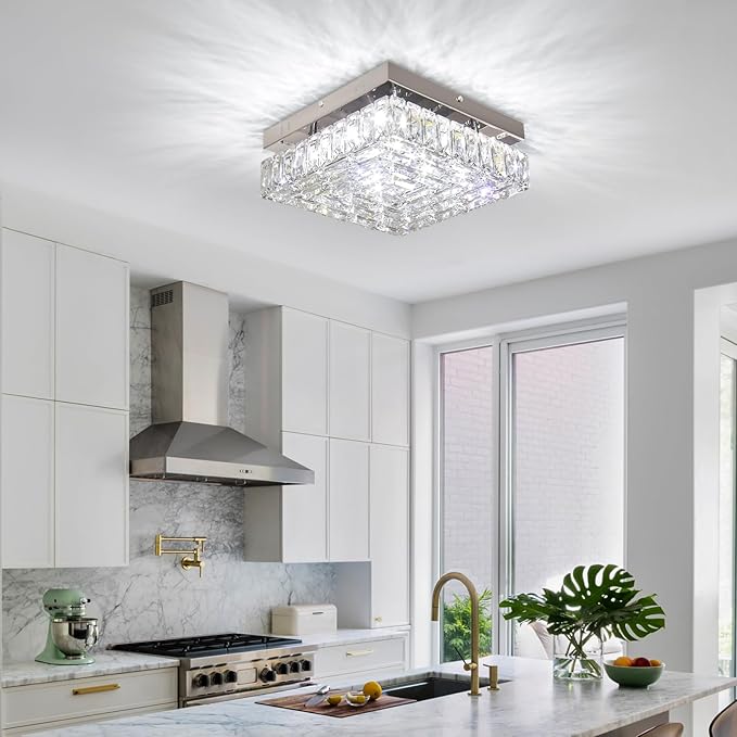 10.6" Crystal Ceiling Light Modern Crystal Chandelier LED Flush Mount Ceiling Light Fixture Mini Square Chandeliers for Bedroom Hallway Kitchen Foyer (Cool White)