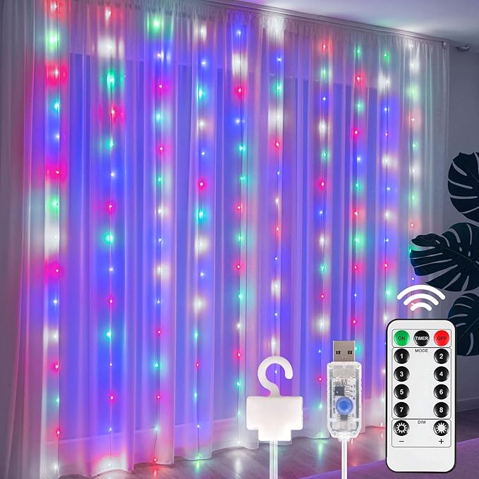 DomeStar 300 LED Fairy Curtain Lights, 9.8ft x 9.8ft Battery Operated with 8 Modes Remote Christmas Waterproof String Hanging Lights for Bedroom Patio Garden Party Wedding Wall Decor (Multicolor)