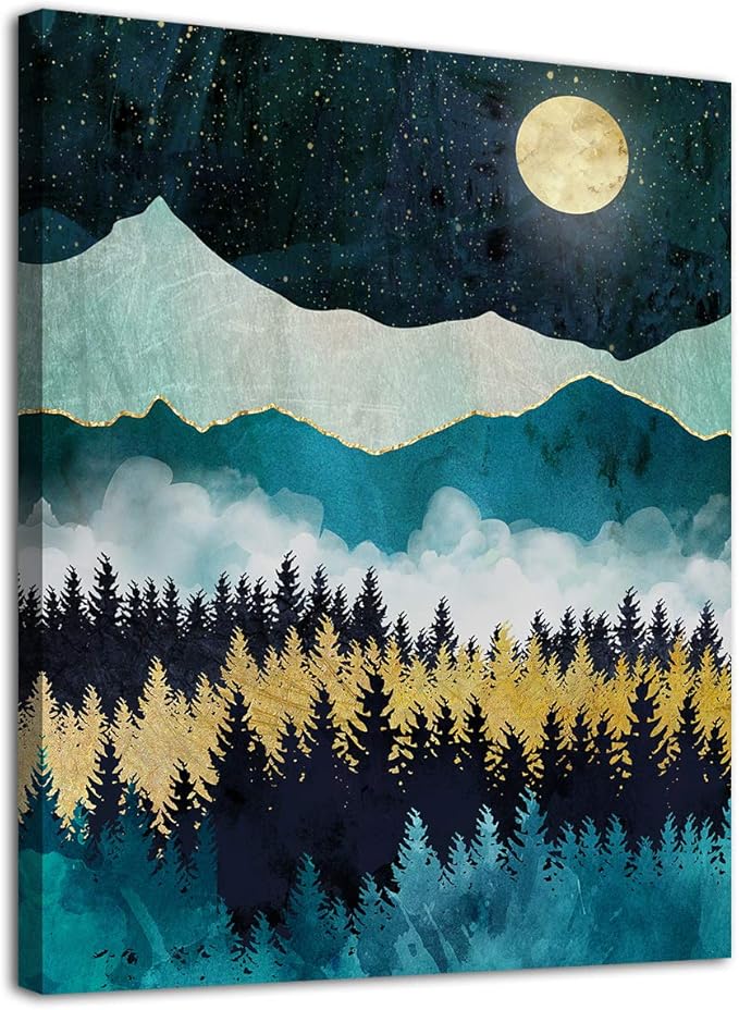 Mountain Forest Wall Art Moon Night Nature Canvas Artwork Modern Nordic Landscape Canvas Pictures for Bathroom Bedroom Living Room Kitchen Office Home Decoration Framed Ready to Hang 12" x 16"