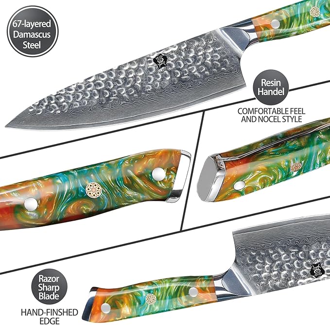 WILDMOK Chef Knife,8 inch Damascus Japanese kitchen knives,VG10 Steel&Resin Handle Chef Knife,Hammered Finish chef's knives,Japanese damascus knife Including Gift Box