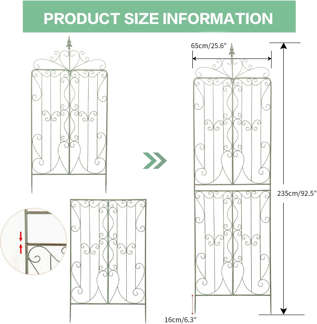 Sungmor 2 Pack Large Garden Trellis for Climbing Plants, 92.5 Inch Tall Rustic Green Garden Metal Trellis, Decorative Trellis for Outdoor Rose Vines Cucumbers Support, Greenhouse, Flowerbed, Backyard