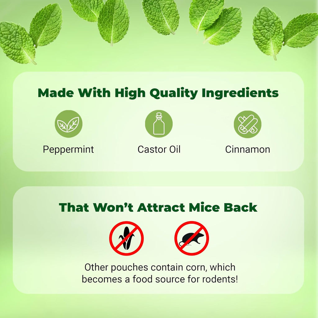 Mighty Mint Mouse Repellent Pouches – Peppermint, Castor Oil & Cinnamon Formula – Natural Indoor Deterrent for Mice and Rodents – Plant-Based, Long-Lasting Protection – 12 Count (Pack of 2)