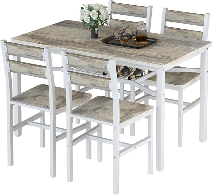 Hooseng Dining Table Set for 4, Wood Kitchen Table Chairs Set with Storage, Farmhouse 5 Piece Dining Room Table Set, Space-Saving Dinette Set for Breakfast Nook, Apartment