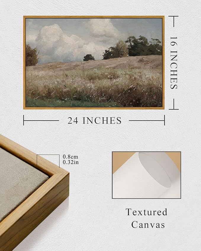 InSimSea Framed Canvas Wall Art Vintage Decor, Farmhouse Scenery Vast Field Grassland Paintings, Large Prints, Nature Landscape Wall Decoration for Living Room Bedroom Bathroom Home Decor, 16"x24"
