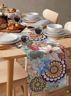 Boho Flowers Cotton Linen Table Runner for Dining Kitchen, Wedding Outdoor Party Tablerunners Decoration, Colorful Floral Farm Vintage Botanical Dresser Scarf Coffee Tablecloth Runners 13x120 Inches