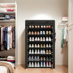 Laiensia 7-Tier Vertical Shoe Rack Organizer, Space Saving Shoe Storage Organizer, Non-Woven Cover Shoe Shelf Holds 28-35Pairs for Bedroom, Hallway, Closet Entryway, Black