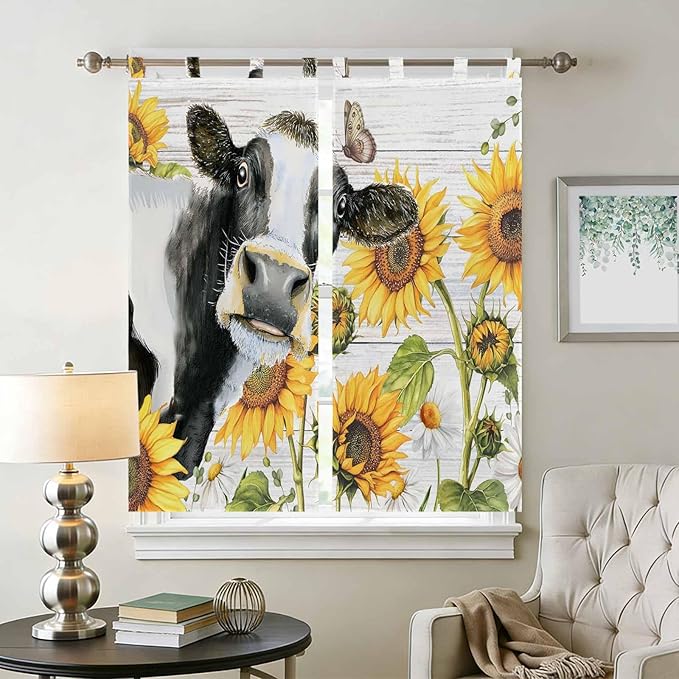 Retro Farmhouse Floral Living Room Curtains 84 Inch Length, Window Curtains Tab Top, Yellow Sunflowers Cows Butterfly Wood Light Filtering Window Treatments Drapes 42"x84" 2 Panel