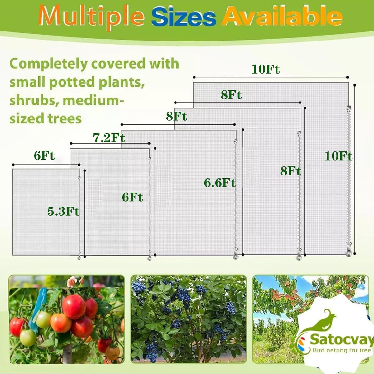 Fruit Tree Netting with Drawstring & Zipper 3 Pcs (6x7.2 FT), Bird Netting for Blueberry Bushes