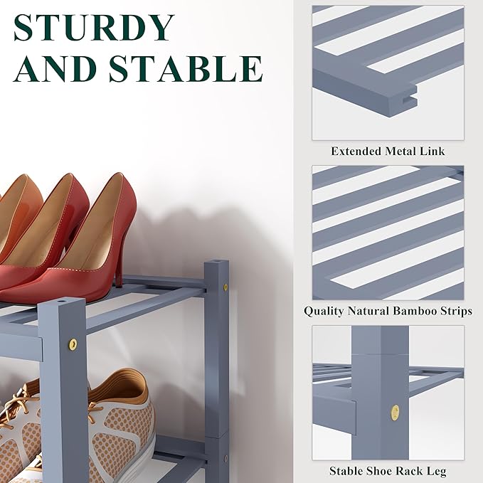 Smiry Bamboo Shoe Rack for Closet, 3 Tier Wooden Stackable Shoe Organizer, Free Standing Shoes Storage Shelf for Entryway, Front Door Entrance, Grey
