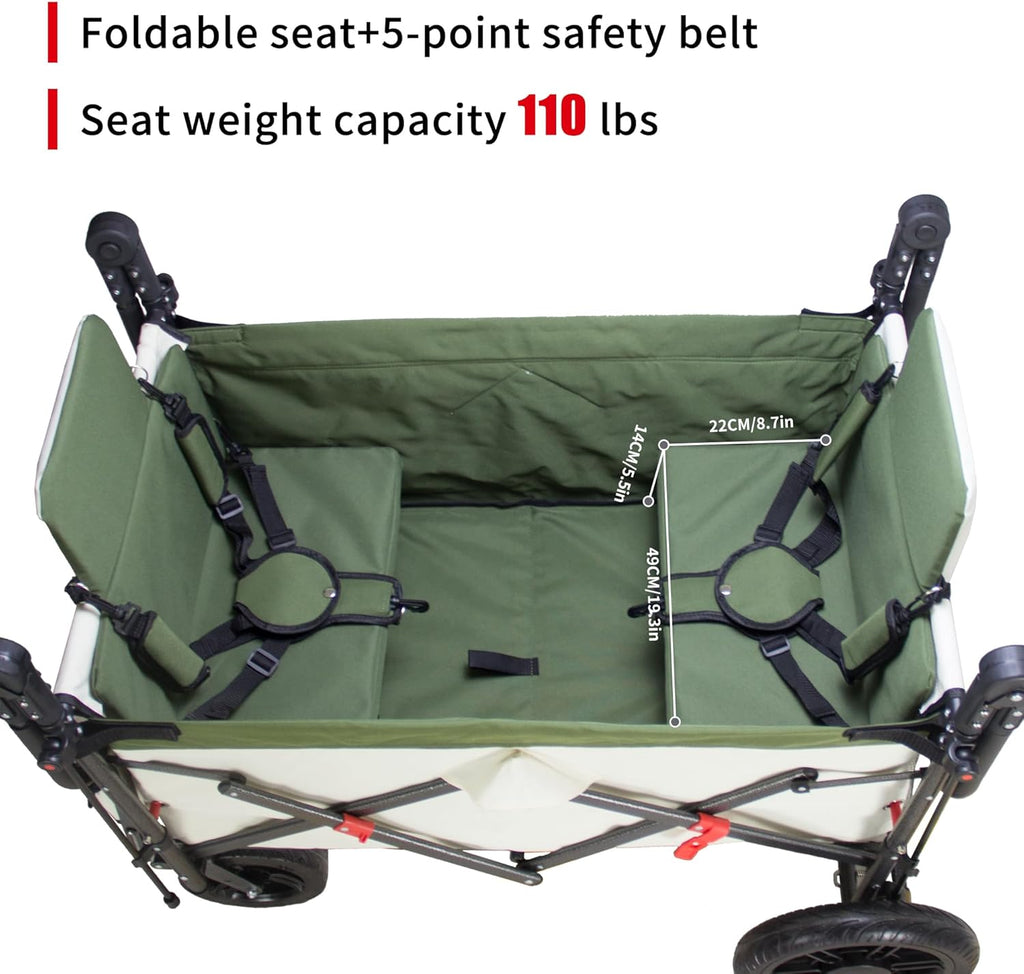 Foldable Wagon with Canopy - Collapsible Utility Cart with 2 Seats & Belts, Adjustable Handle, Expandable Front for Camping, Picnic, Shopping (Beige/Green)