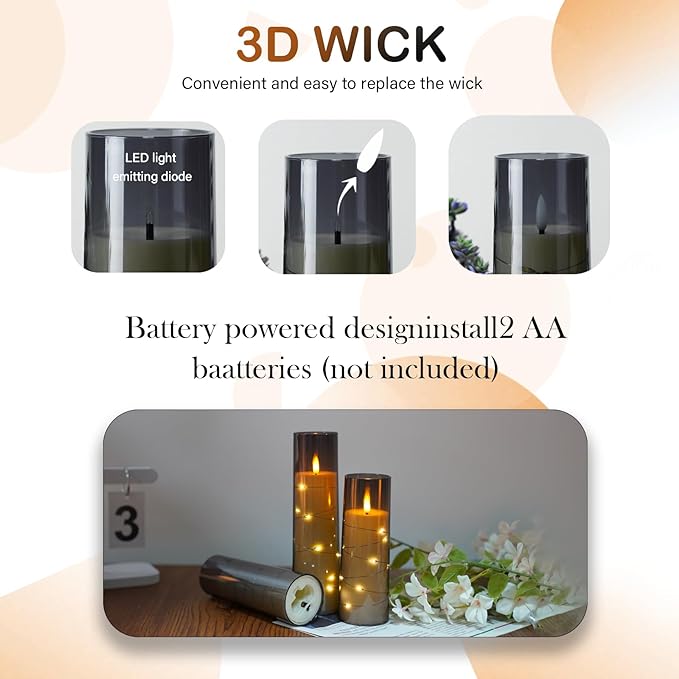 Flameless LED Candles with Timer 9 Pc Flickering Flameless Candles for Romantic Ambiance and Home Decoration Stable Acrylic Shell,with Embedded Star String，Battery Operated Candles（Grey）