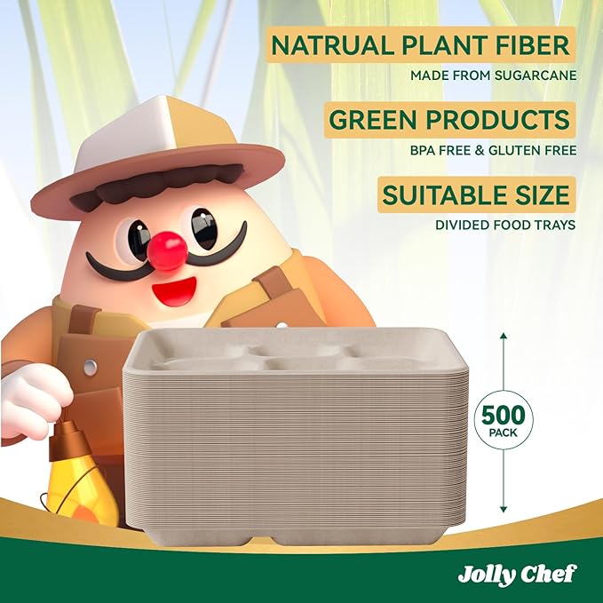 JOLLY CHEF Compostable 𝟱 Compartment Paper Plates 𝟭𝟭 * 𝟴 𝗶𝗻𝗰𝗵 [𝟱𝟬𝟬 𝗣𝗮𝗰𝗸] Heavy Duty Natural Divided Disposable Eco-Friendly Biodegradable Containers Food Trays for Dinner Lunch Buffet